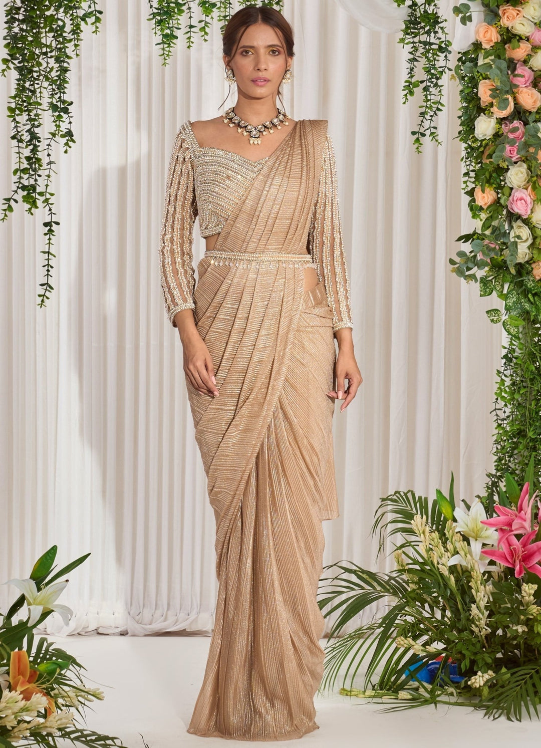 Golden Shimmer Lycra Saree With Full Sleeved Blouse Nidhika Shekhar - Fabilicious Fashion