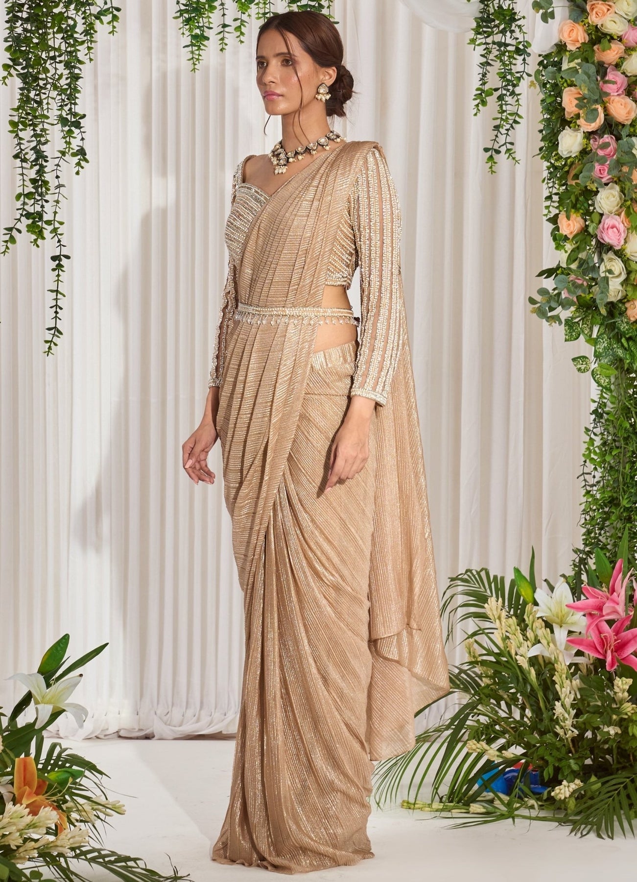 Golden Shimmer Lycra Saree With Full Sleeved Blouse - Nidhika