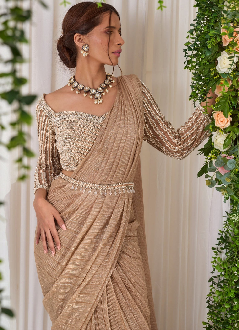 Golden Shimmer Lycra Saree With Full Sleeved Blouse Nidhika Shekhar - Fabilicious Fashion