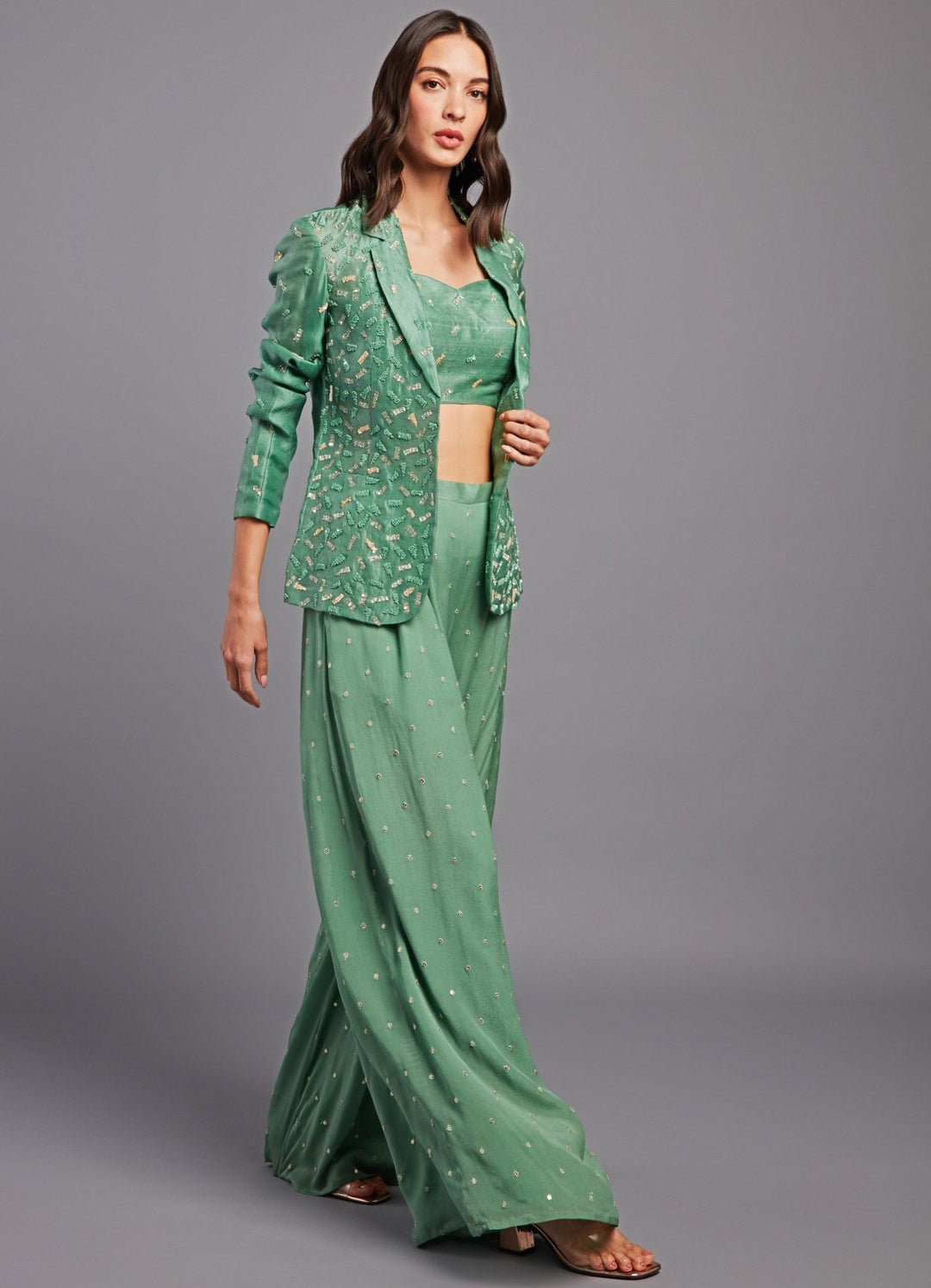 Grace Sage Green Organza Jacket Set Chamee n Palak - Fabilicious Fashion