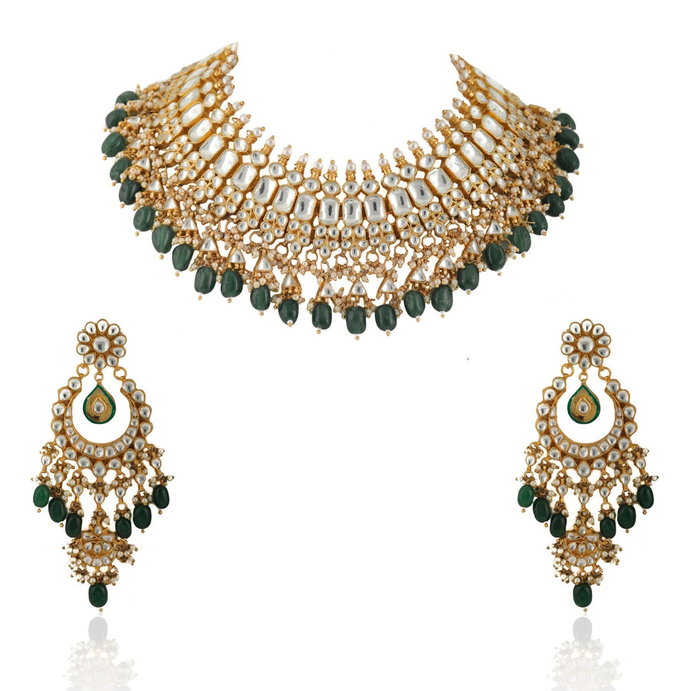 Green And White Choker Style Necklace Set Riana by Shikha Jindal - Fabilicious Fashion