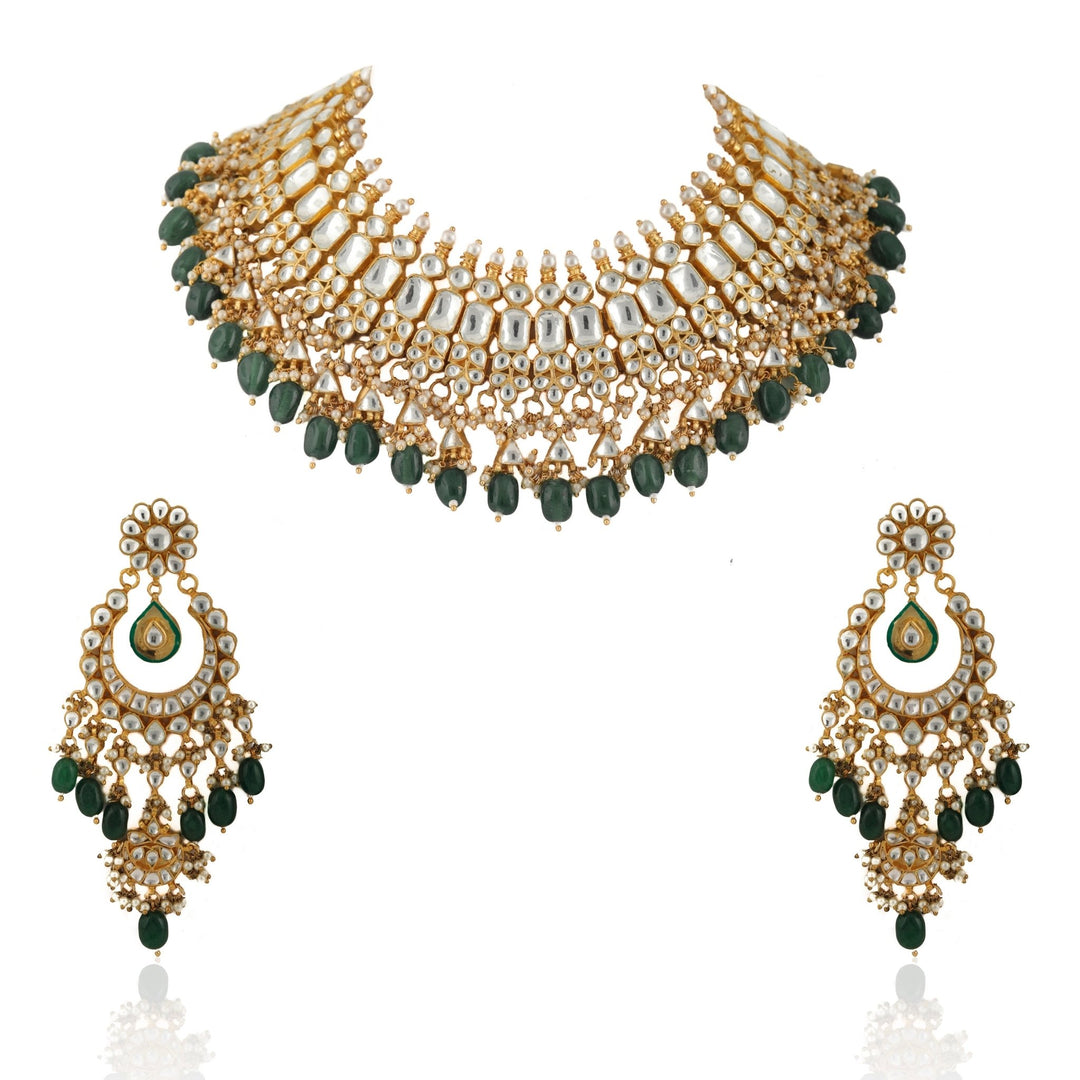 Green And White Choker Style Necklace Set Riana by Shikha Jindal - Fabilicious Fashion