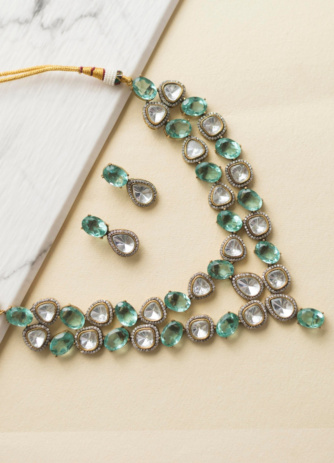 Green And White Polki Layered Necklace Set Zevar By Geeta - Fabilicious Fashion