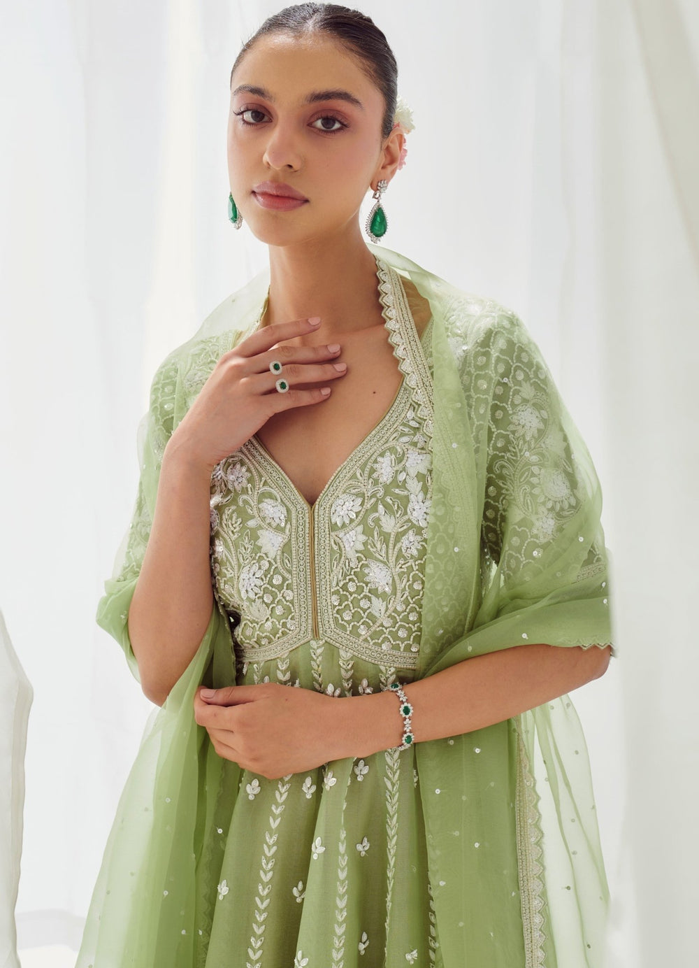 Green Embellished Organza Anarkali Set With Dupatta Suhino - Fabilicious Fashion