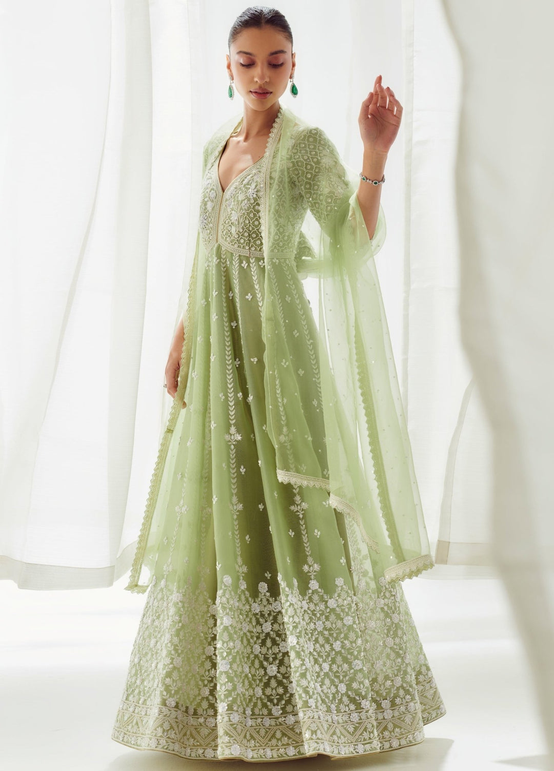Green Embellished Organza Anarkali Set With Dupatta Suhino - Fabilicious Fashion