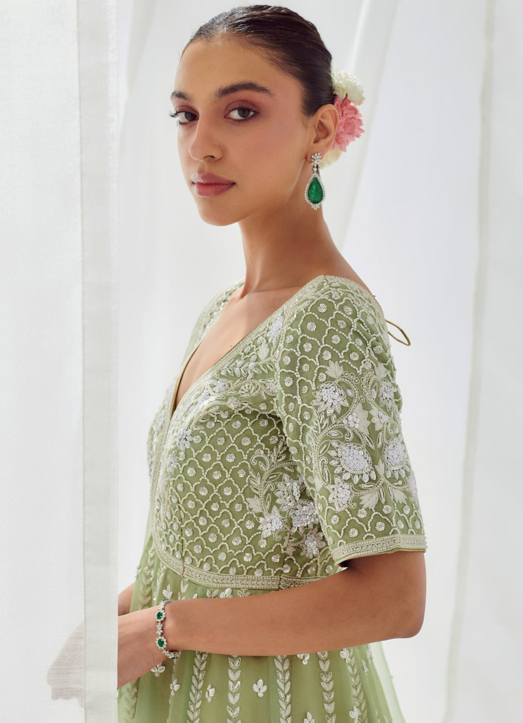 Green Embellished Organza Anarkali Set With Dupatta Suhino - Fabilicious Fashion