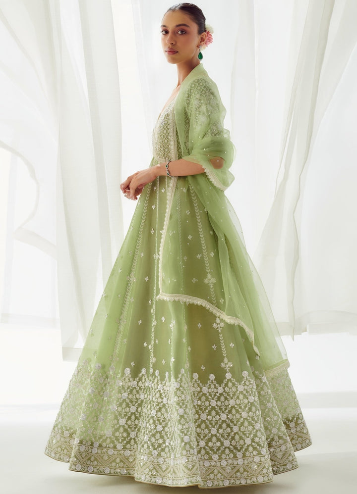 Green Embellished Organza Anarkali Set With Dupatta Suhino - Fabilicious Fashion