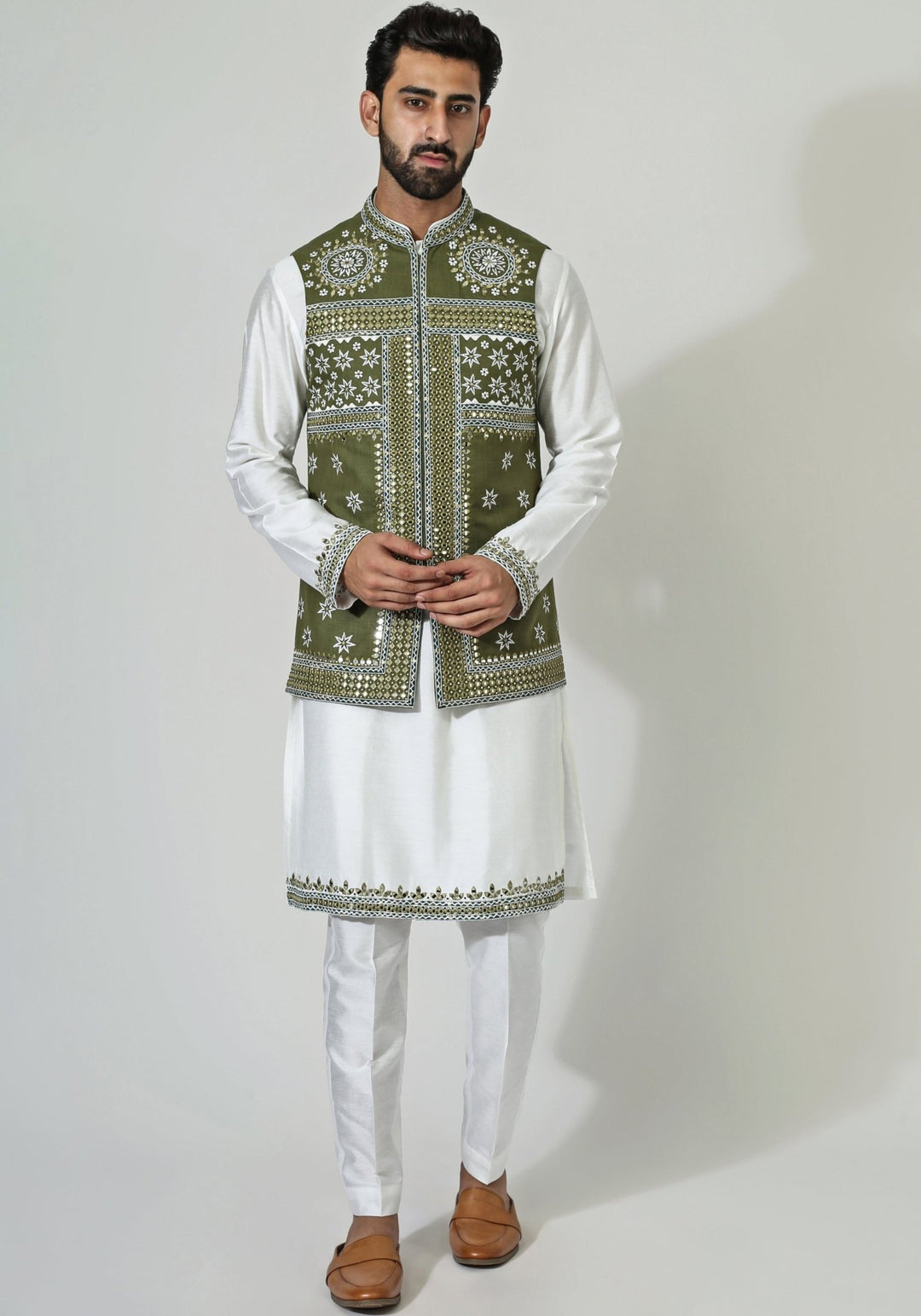 Green Embroidered Nehru Jacket Kurta Set Chatenya Mittal - Fabilicious Fashion