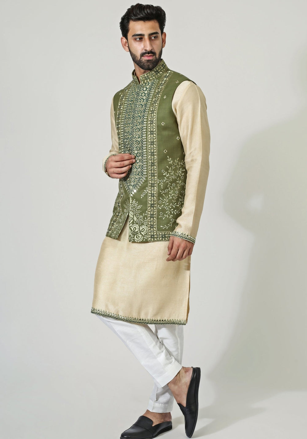 Green Embroidered Nehru Jacket Kurta Set Chatenya Mittal - Fabilicious Fashion