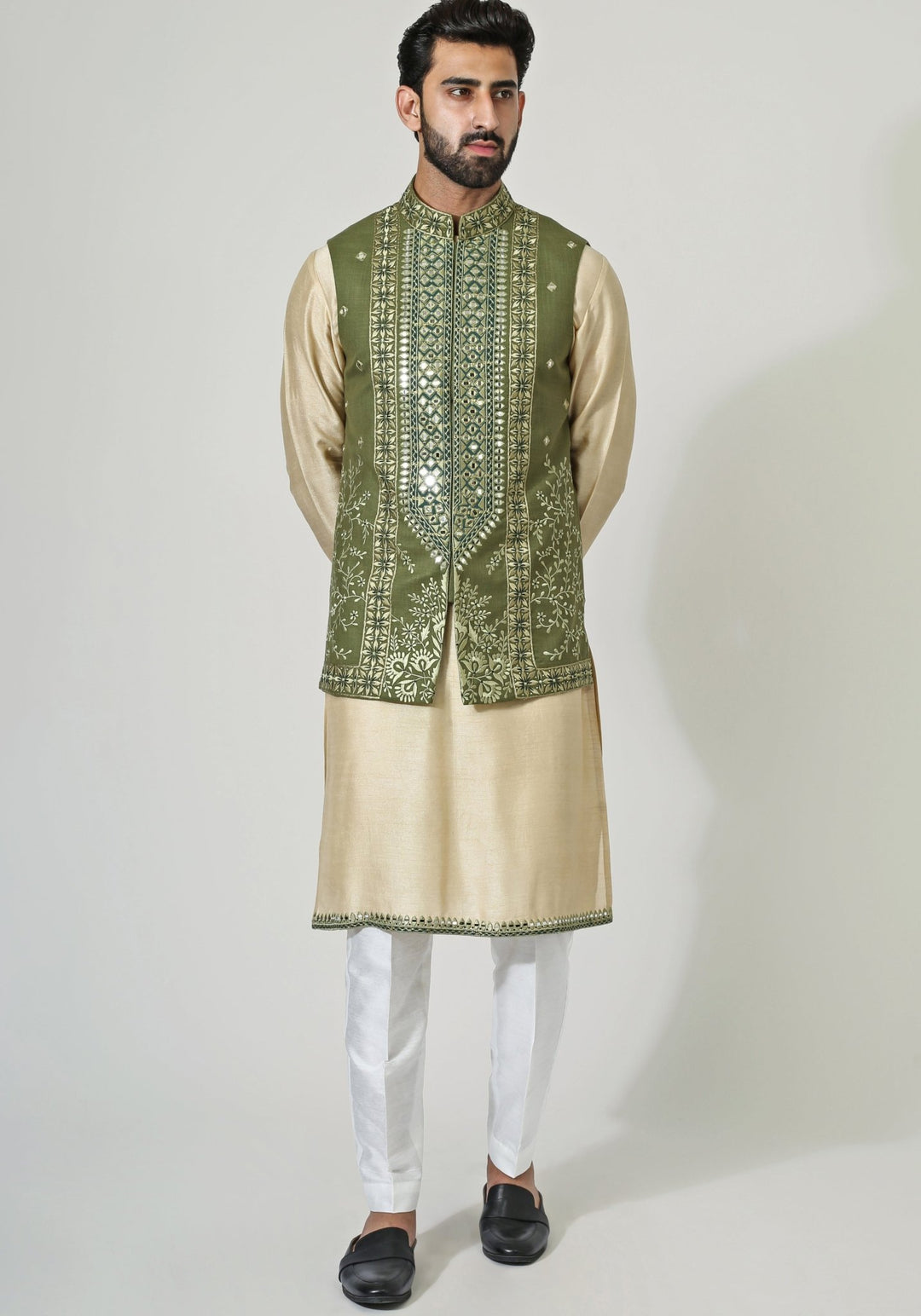 Green Embroidered Nehru Jacket Kurta Set Chatenya Mittal - Fabilicious Fashion
