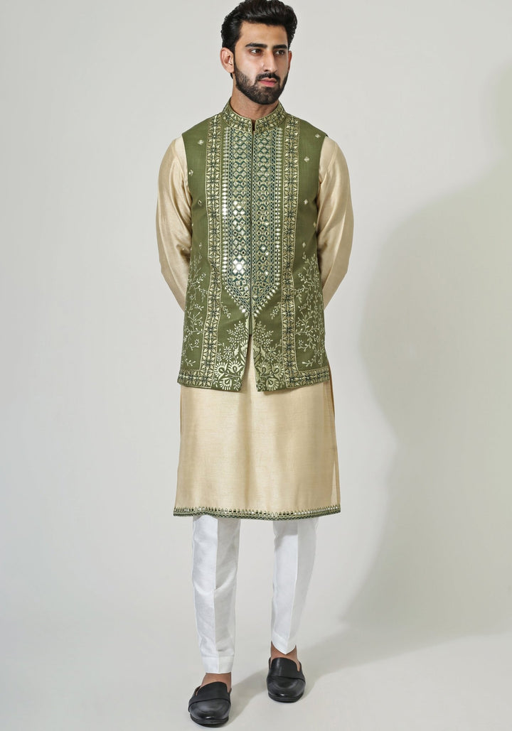 Green Embroidered Nehru Jacket Kurta Set Chatenya Mittal - Fabilicious Fashion
