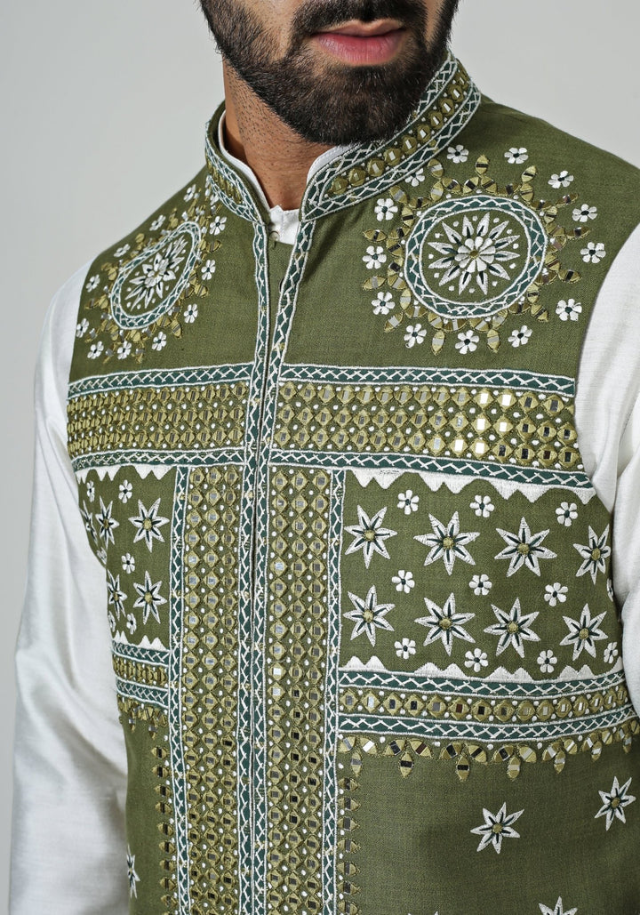 Green Embroidered Nehru Jacket Kurta Set Chatenya Mittal - Fabilicious Fashion