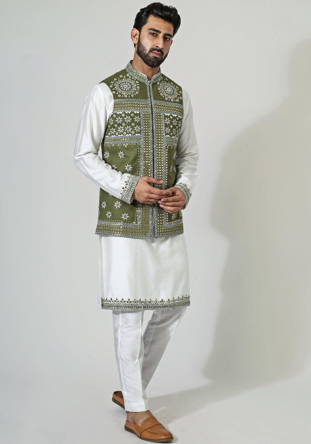 Green Embroidered Nehru Jacket Kurta Set Chatenya Mittal - Fabilicious Fashion