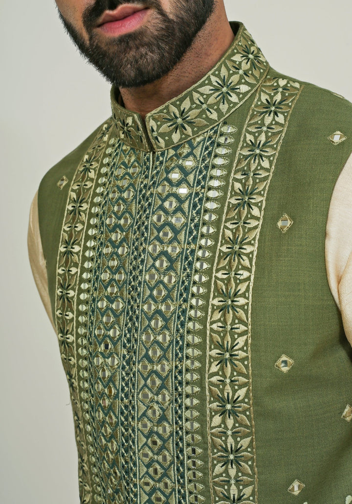 Green Embroidered Nehru Jacket Kurta Set Chatenya Mittal - Fabilicious Fashion