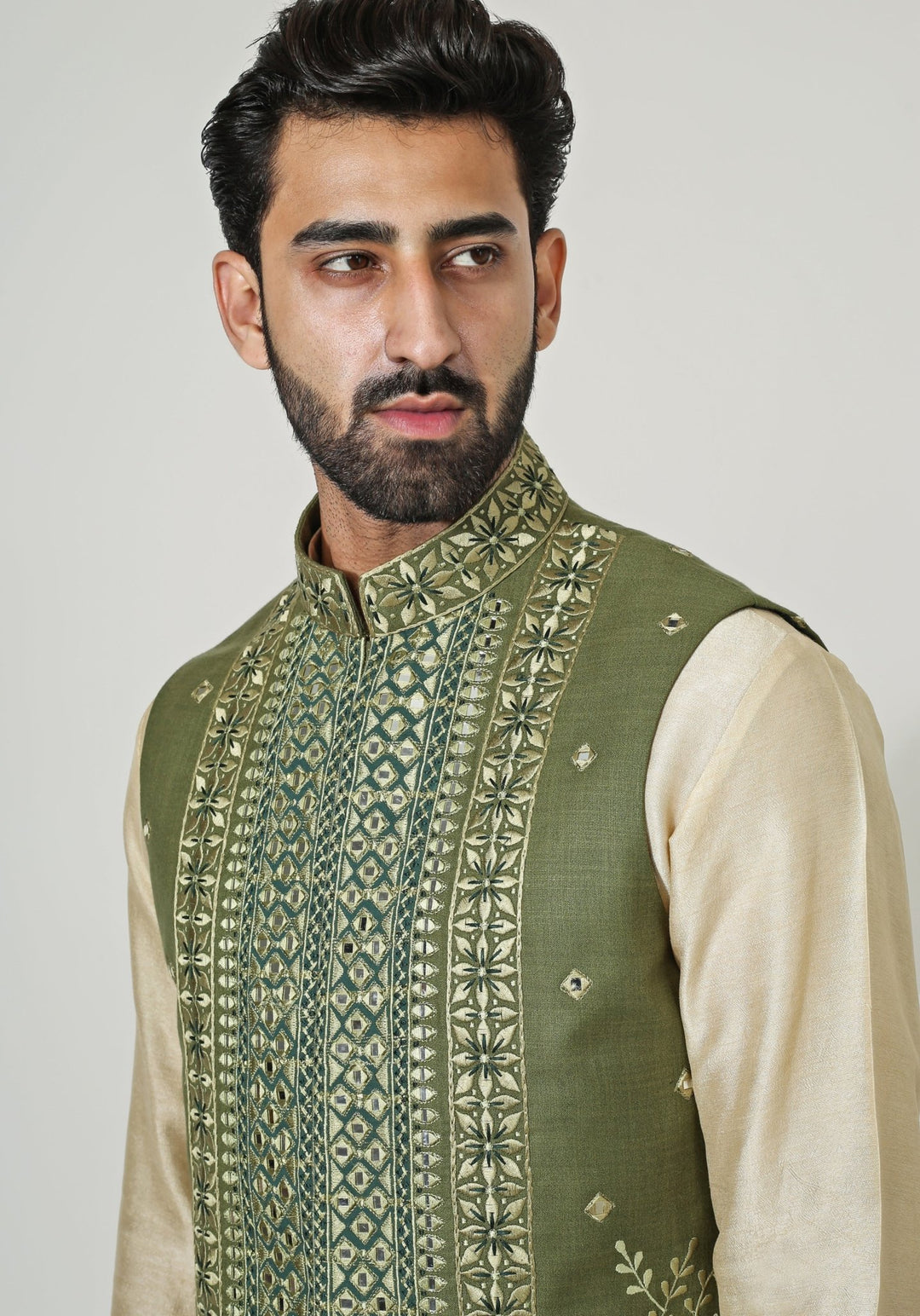 Green Embroidered Nehru Jacket Kurta Set Chatenya Mittal - Fabilicious Fashion