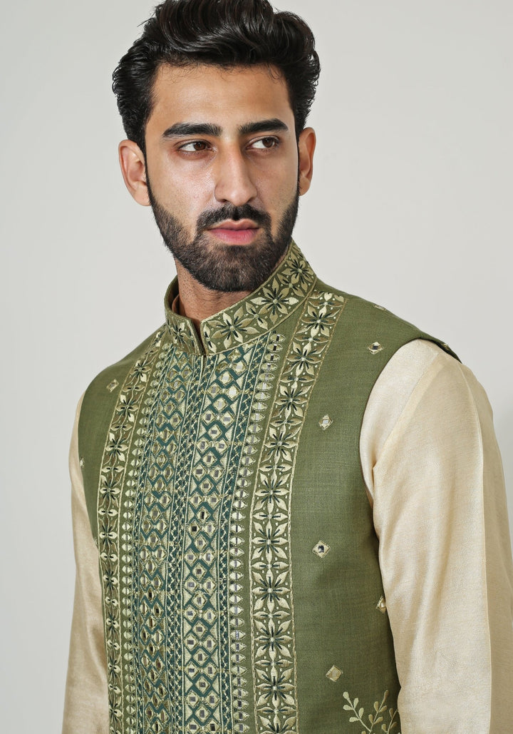 Green Embroidered Nehru Jacket Kurta Set Chatenya Mittal - Fabilicious Fashion