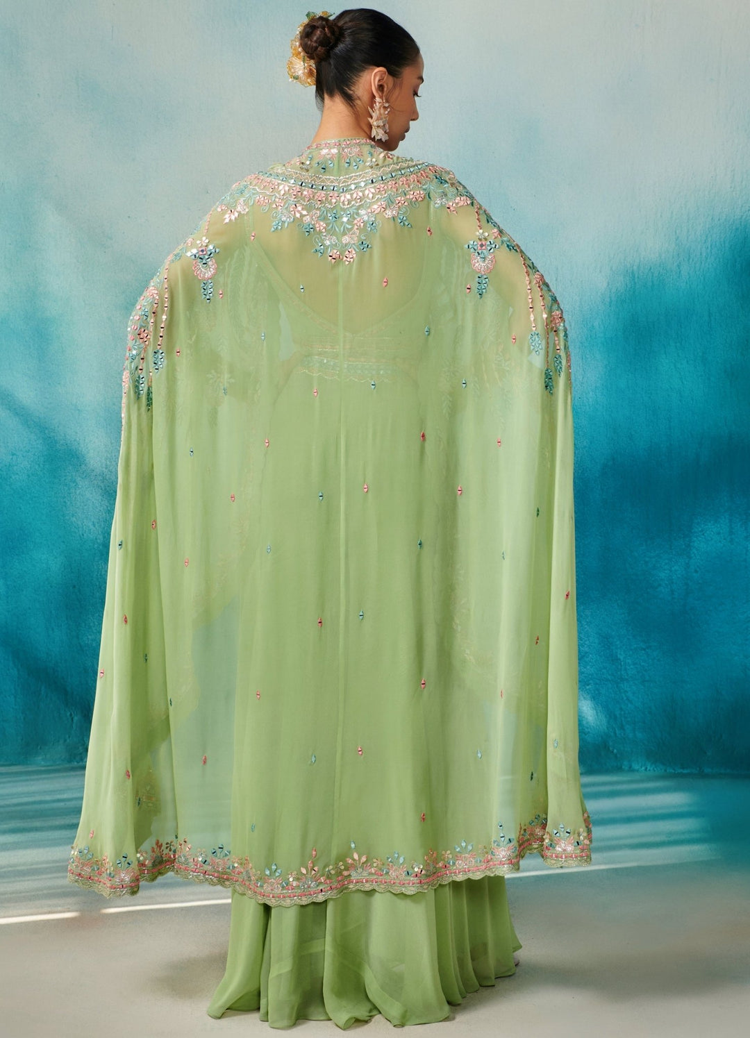 Green Floral Embellished Georgette Cape Set With Sharara Suhino - Fabilicious Fashion