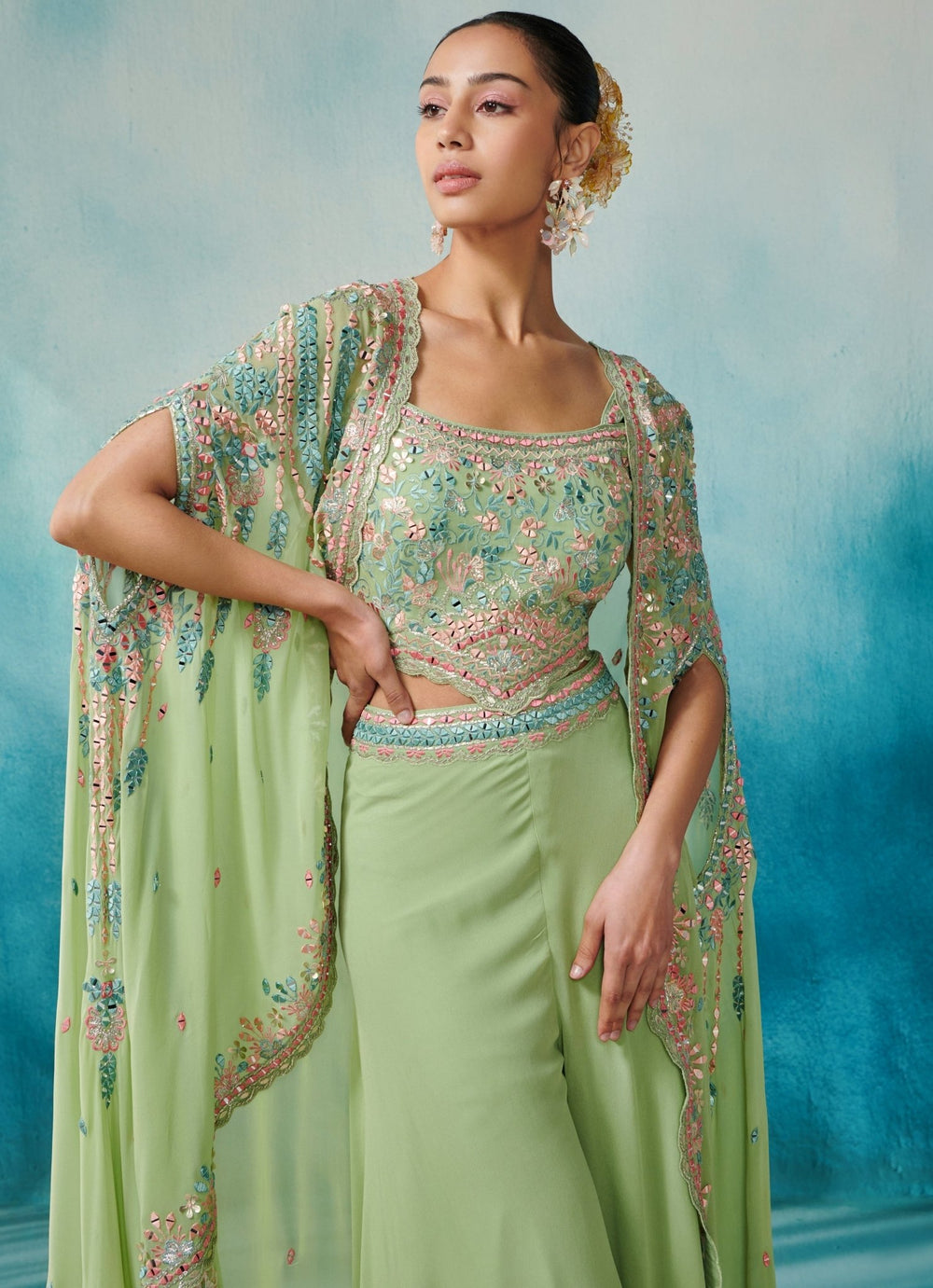 Green Floral Embellished Georgette Cape Set With Sharara Suhino - Fabilicious Fashion
