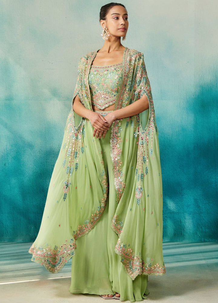 Green Floral Embellished Georgette Cape Set With Sharara Suhino - Fabilicious Fashion