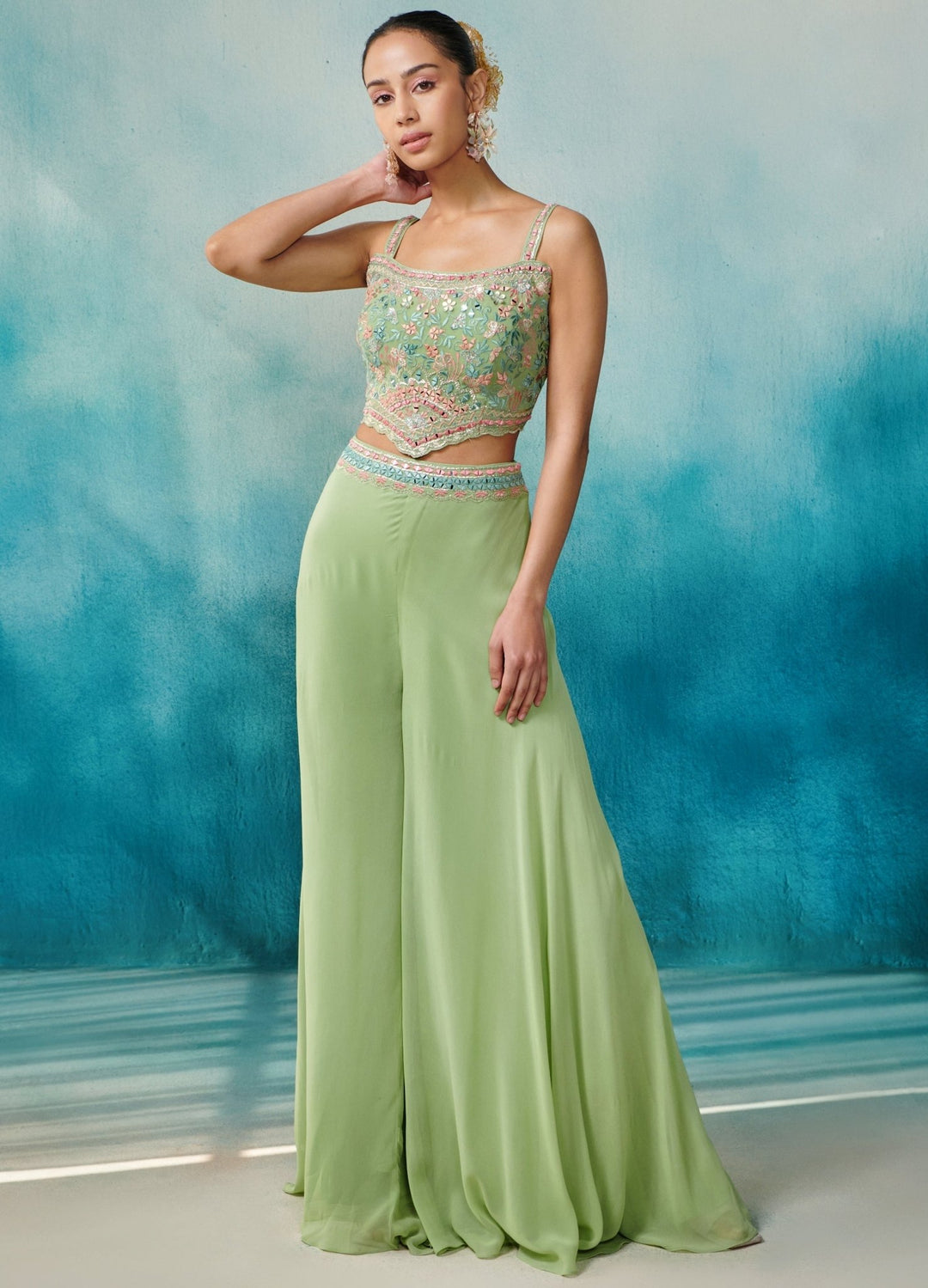 Green Floral Embellished Georgette Cape Set With Sharara Suhino - Fabilicious Fashion