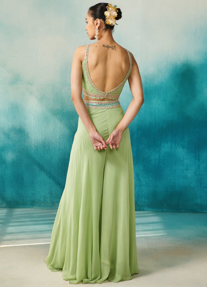 Green Floral Embellished Georgette Cape Set With Sharara Suhino - Fabilicious Fashion