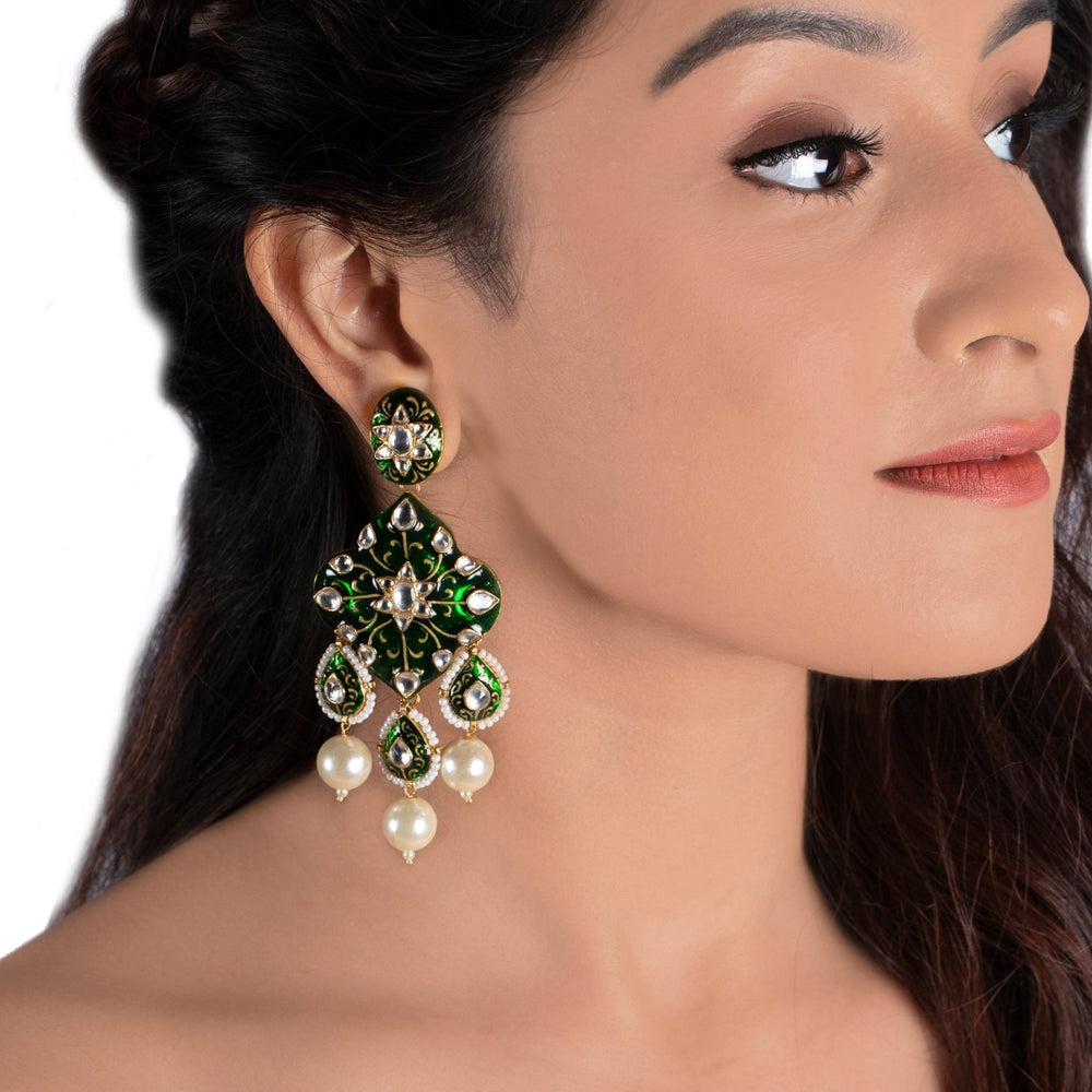 Green Meena Work Earring With Pearl Riana by Shikha Jindal - Fabilicious Fashion
