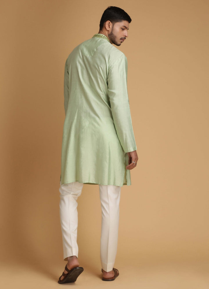 Green Mirror Work Silk Kurta Set Chatenya Mittal - Fabilicious Fashion
