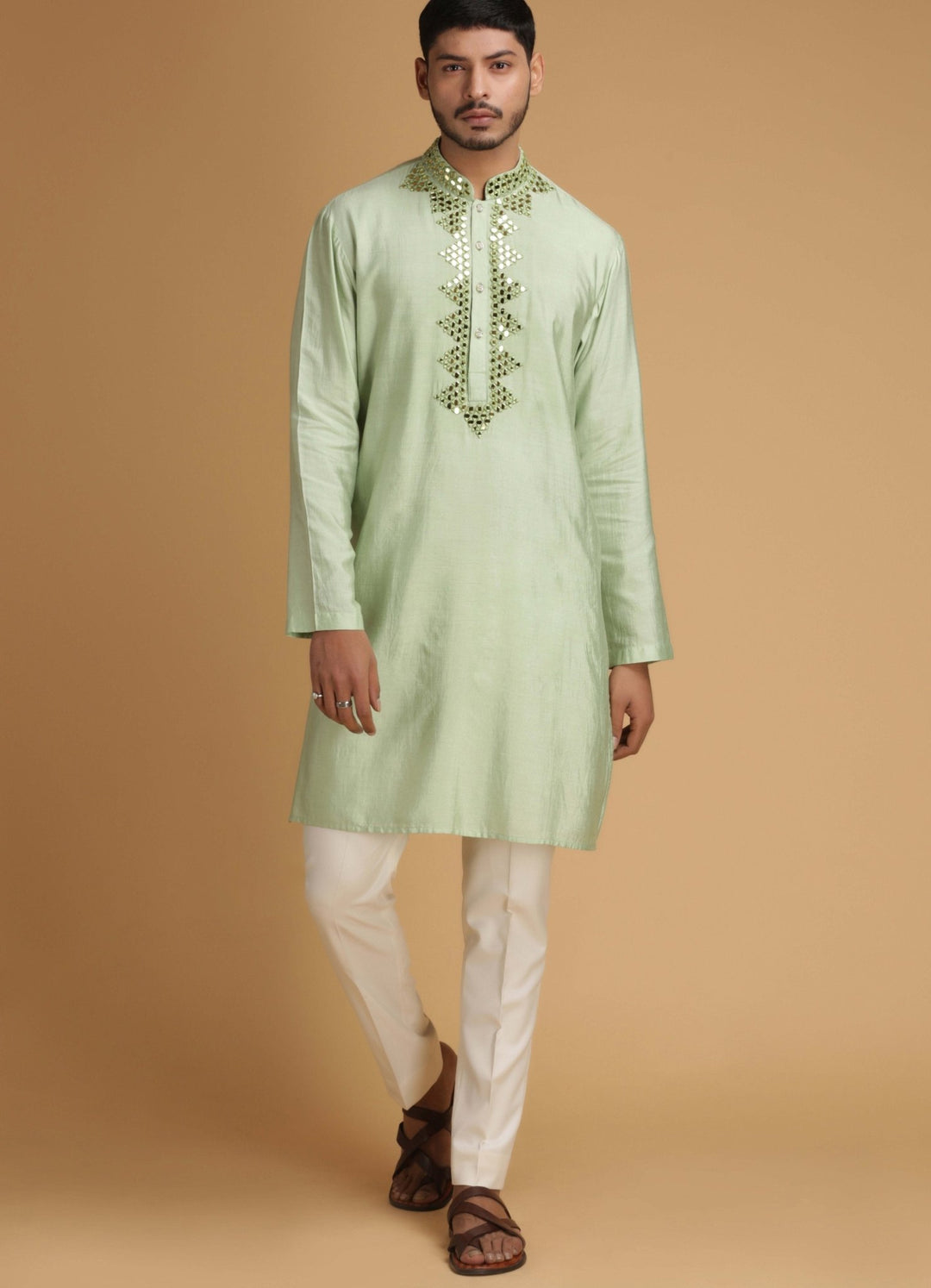 Green Mirror Work Silk Kurta Set Chatenya Mittal - Fabilicious Fashion