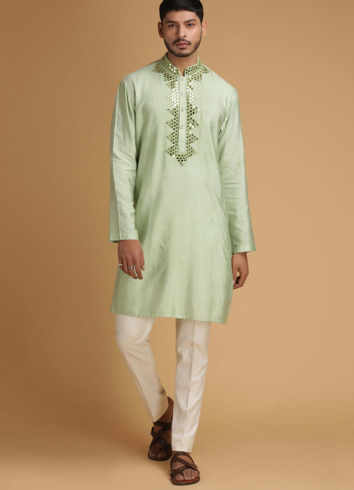 Green Mirror Work Silk Kurta Set Chatenya Mittal - Fabilicious Fashion