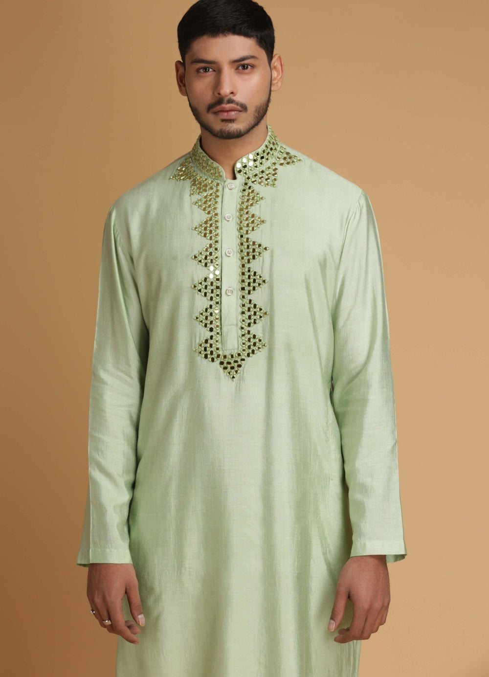 Green Mirror Work Silk Kurta Set Chatenya Mittal - Fabilicious Fashion