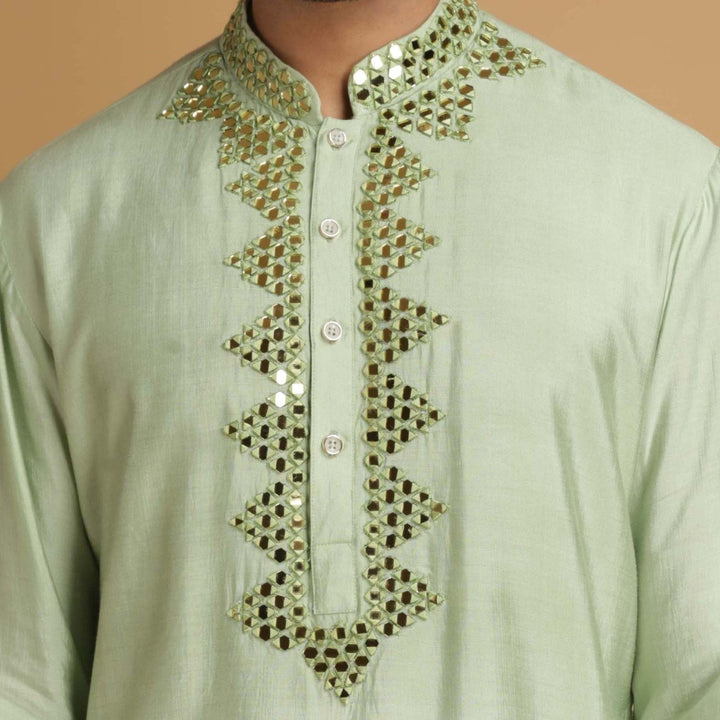 Green Mirror Work Silk Kurta Set Chatenya Mittal - Fabilicious Fashion