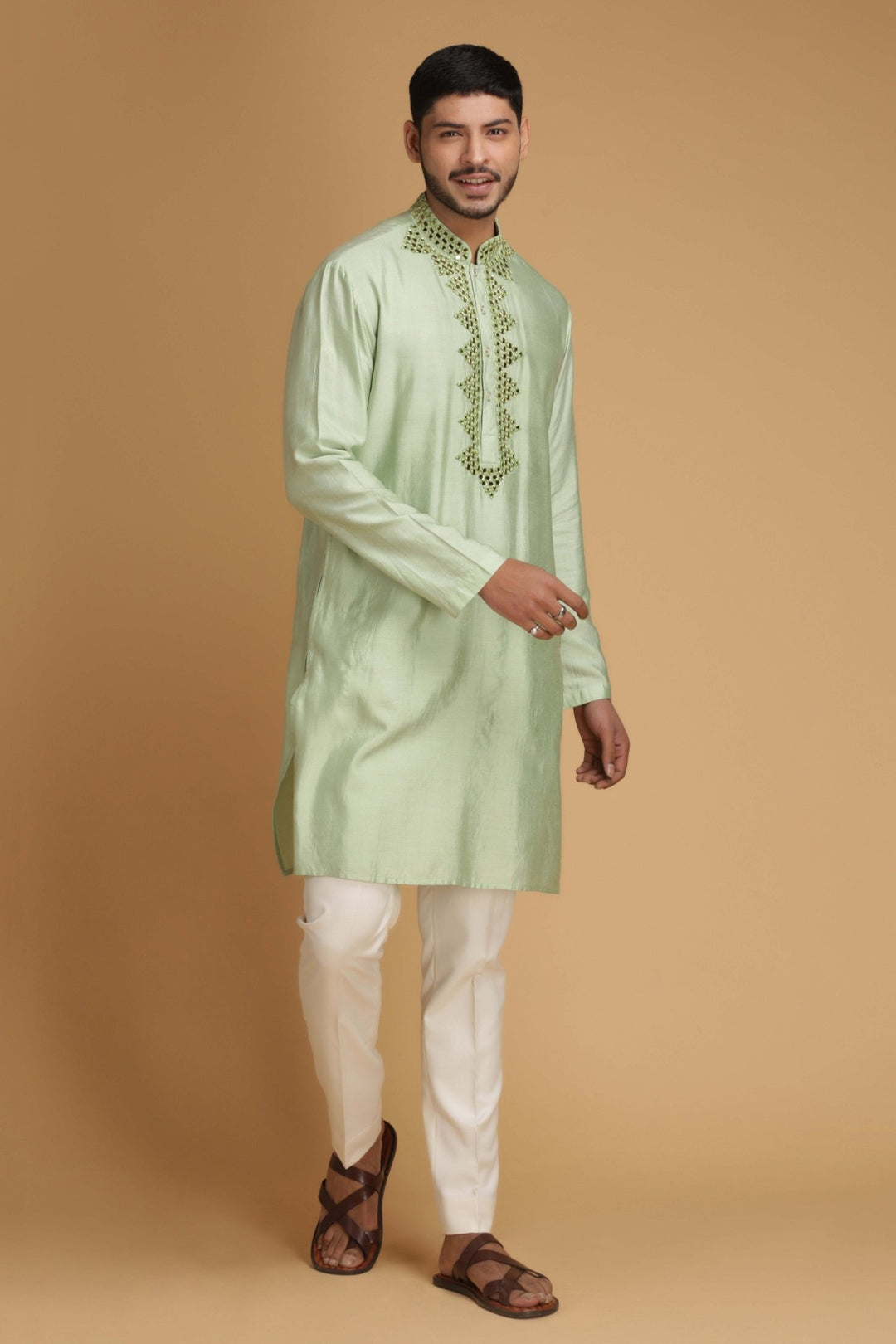 Green Mirror Work Silk Kurta Set Chatenya Mittal - Fabilicious Fashion