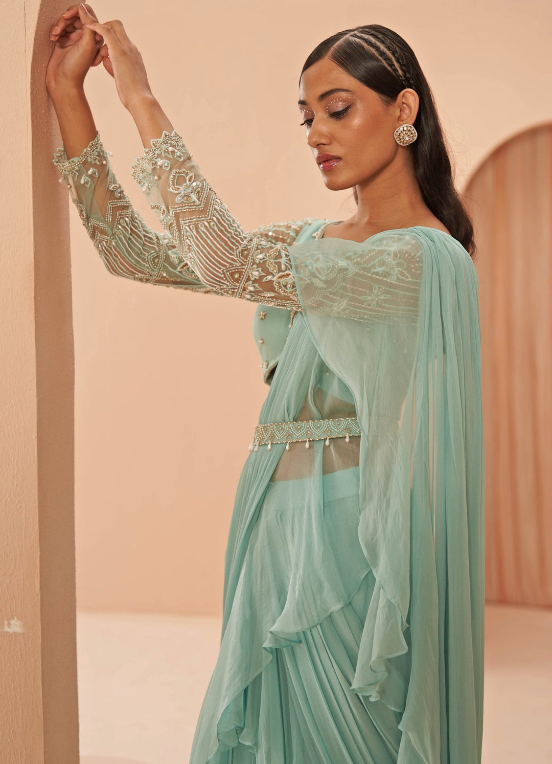 Green Mist ruffle saree Set with Belt Parul Gandhi - Fabilicious Fashion