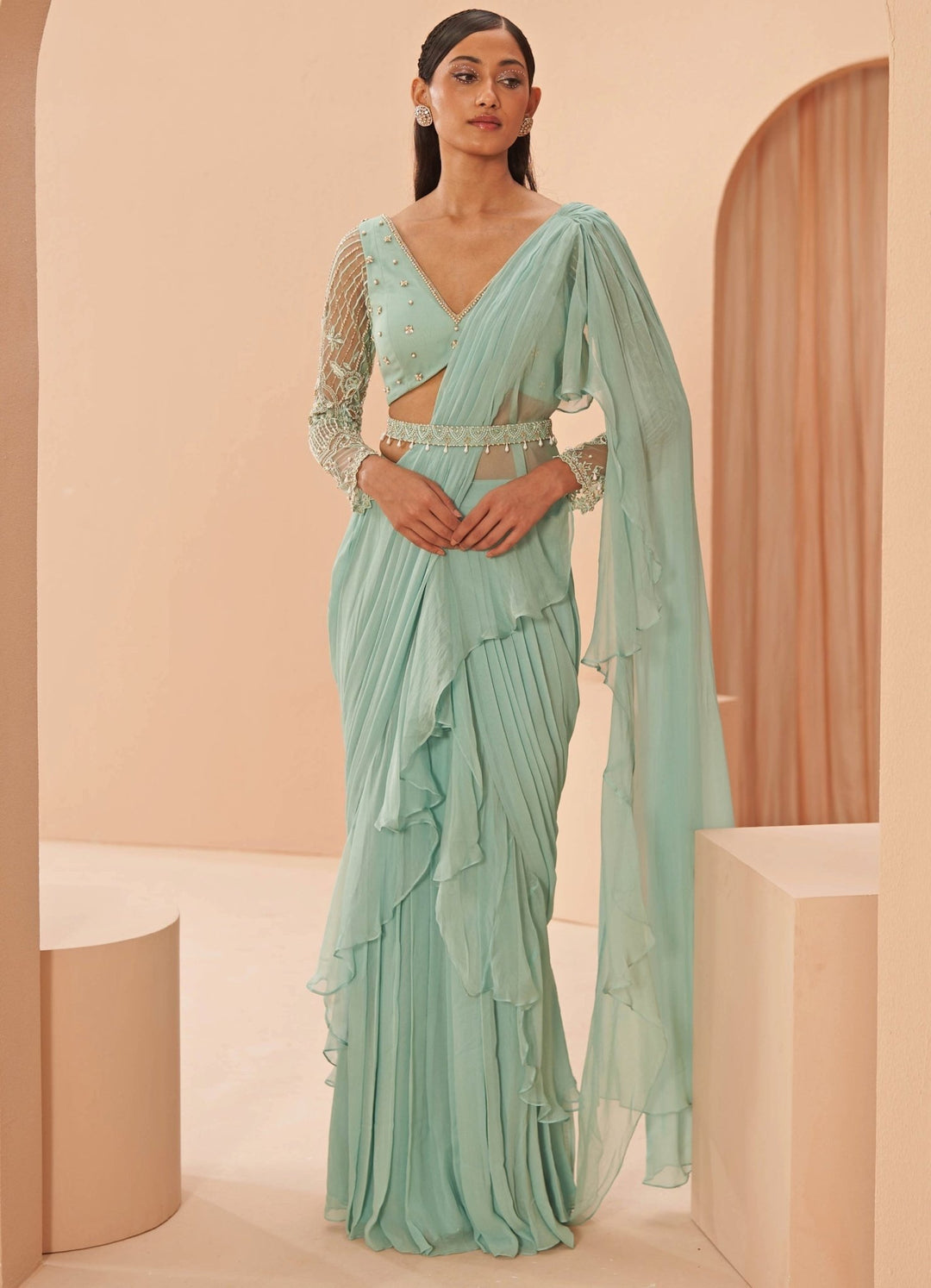 Green Mist ruffle saree Set with Belt Parul Gandhi - Fabilicious Fashion