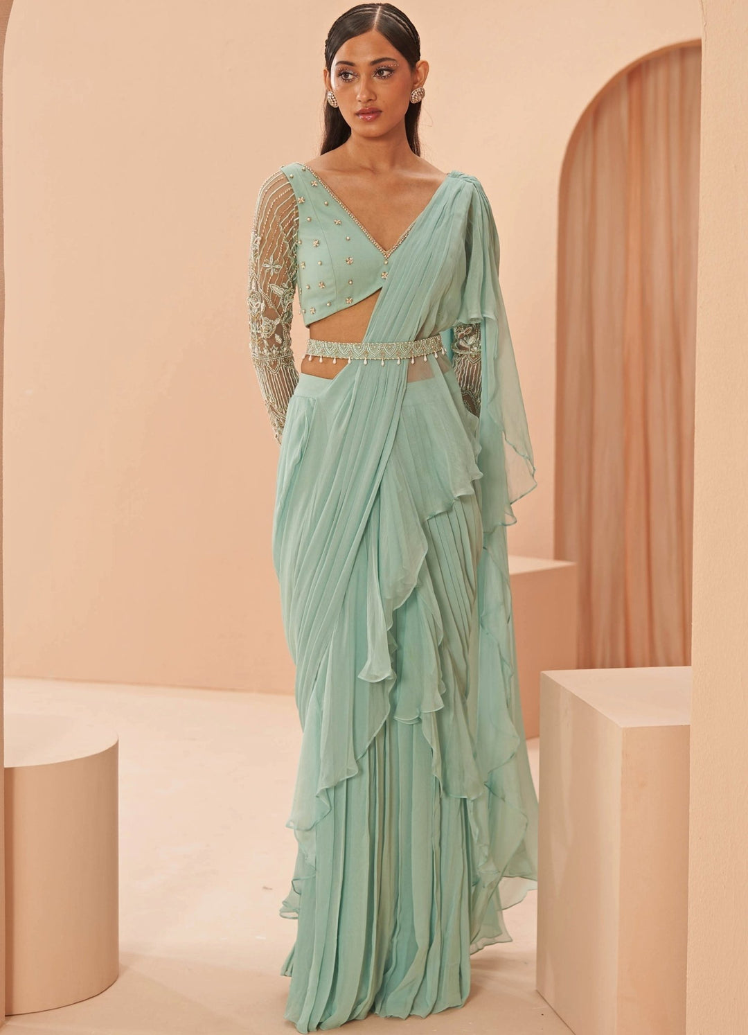 Green Mist ruffle saree Set with Belt Parul Gandhi - Fabilicious Fashion
