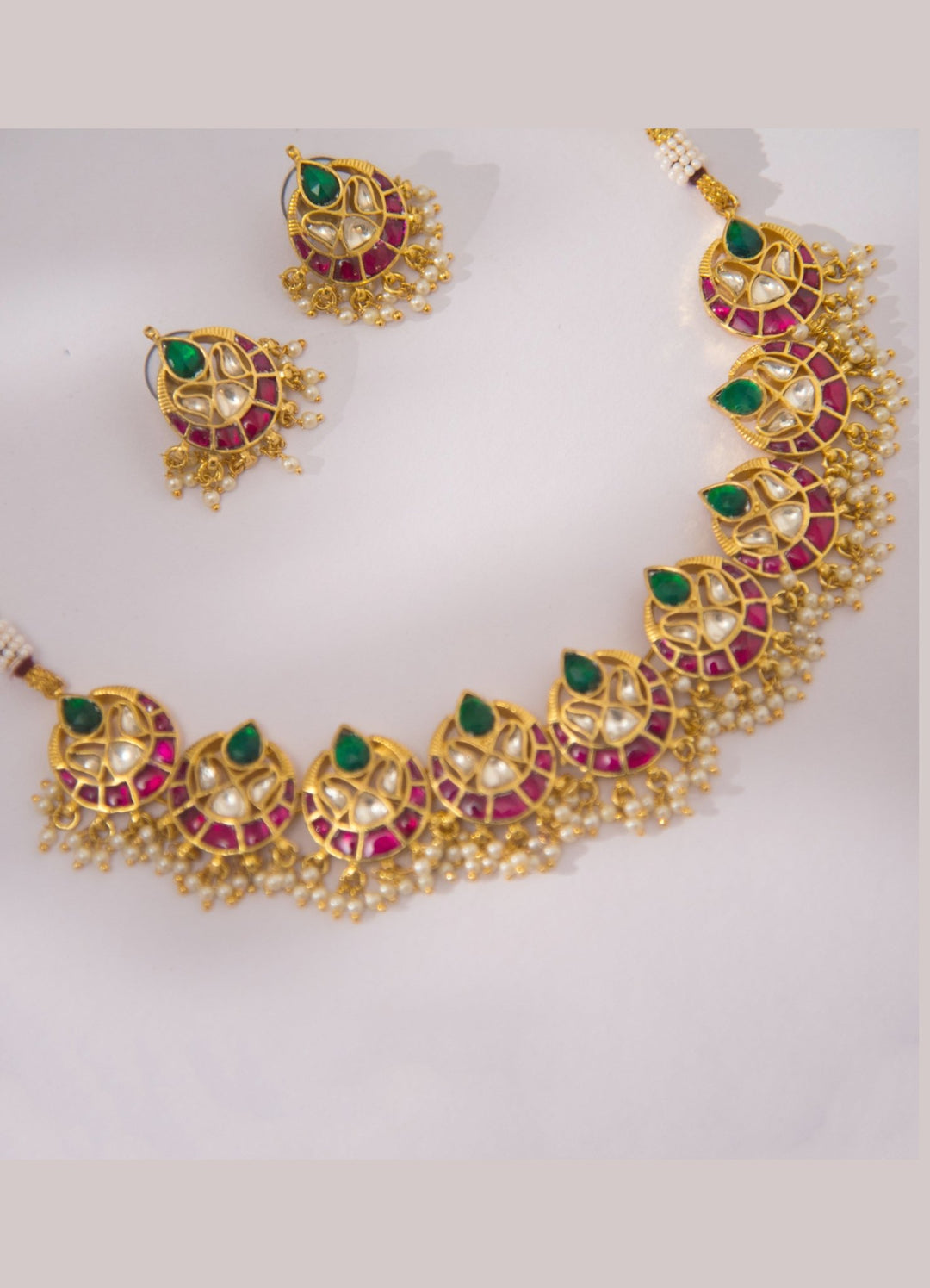 Green Pink Kundan Choker Set With Earrings And Maang Tikka Zevar By Geeta - Fabilicious Fashion