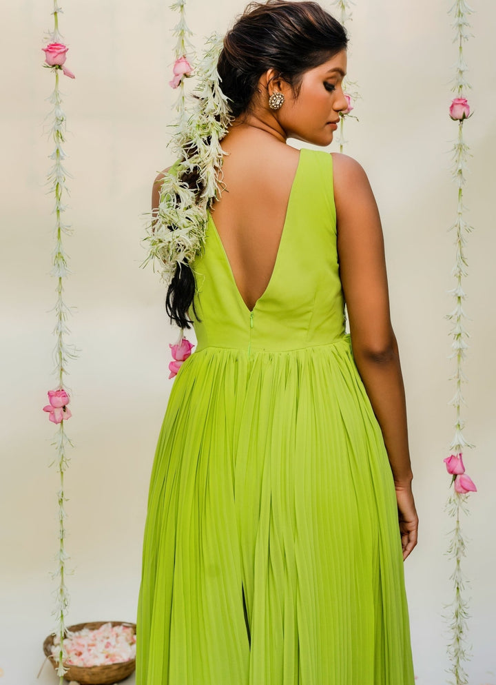 Green Pleated Embellished Georgette Jumpsuit Redpine - Fabilicious Fashion