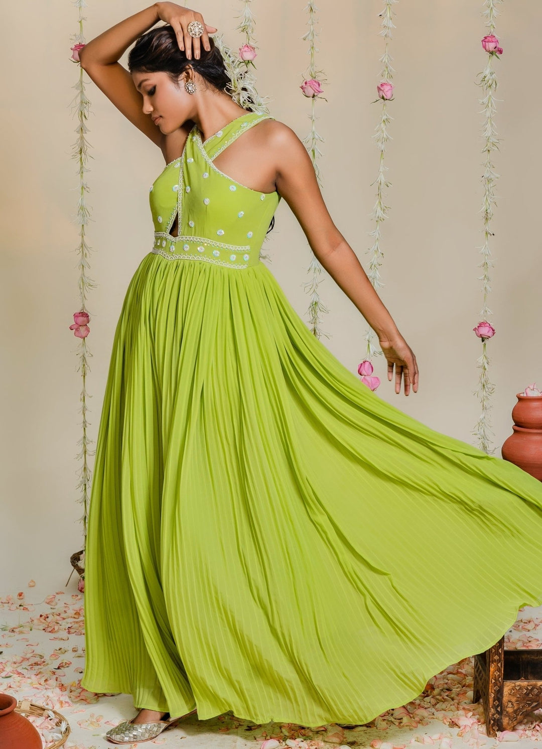 Green Pleated Embellished Georgette Jumpsuit Redpine - Fabilicious Fashion