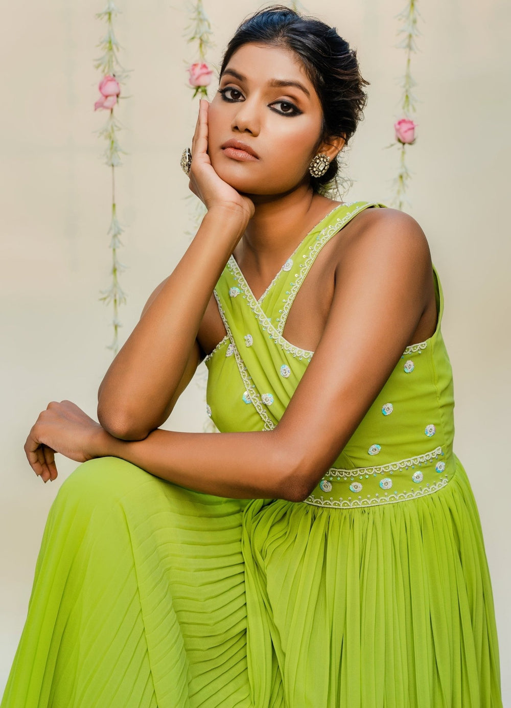 Green Pleated Embellished Georgette Jumpsuit Redpine - Fabilicious Fashion
