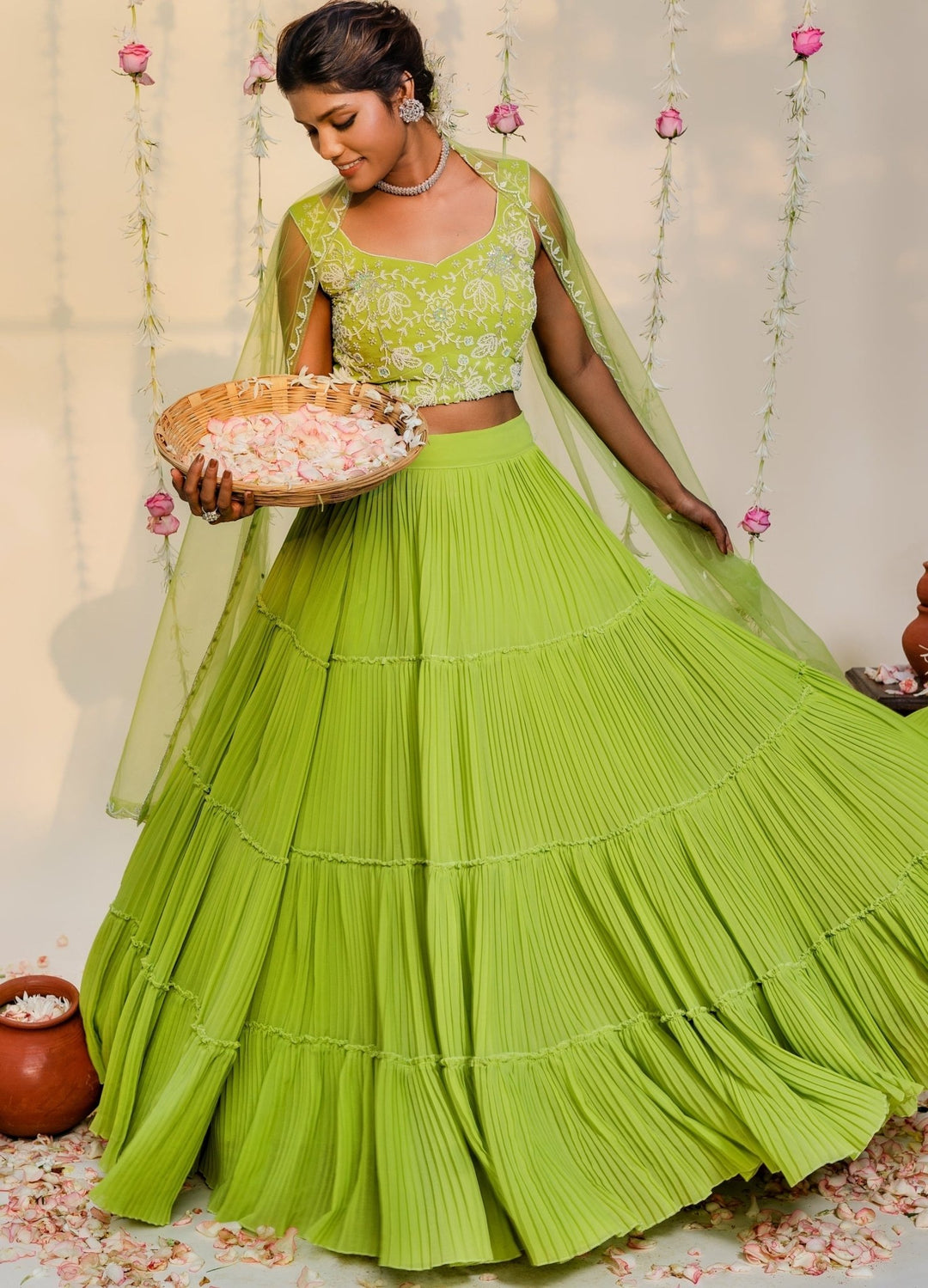 Green Pleated Ruffled Lehenga Set With Embellished Blouse And Net Dupatta Redpine - Fabilicious Fashion