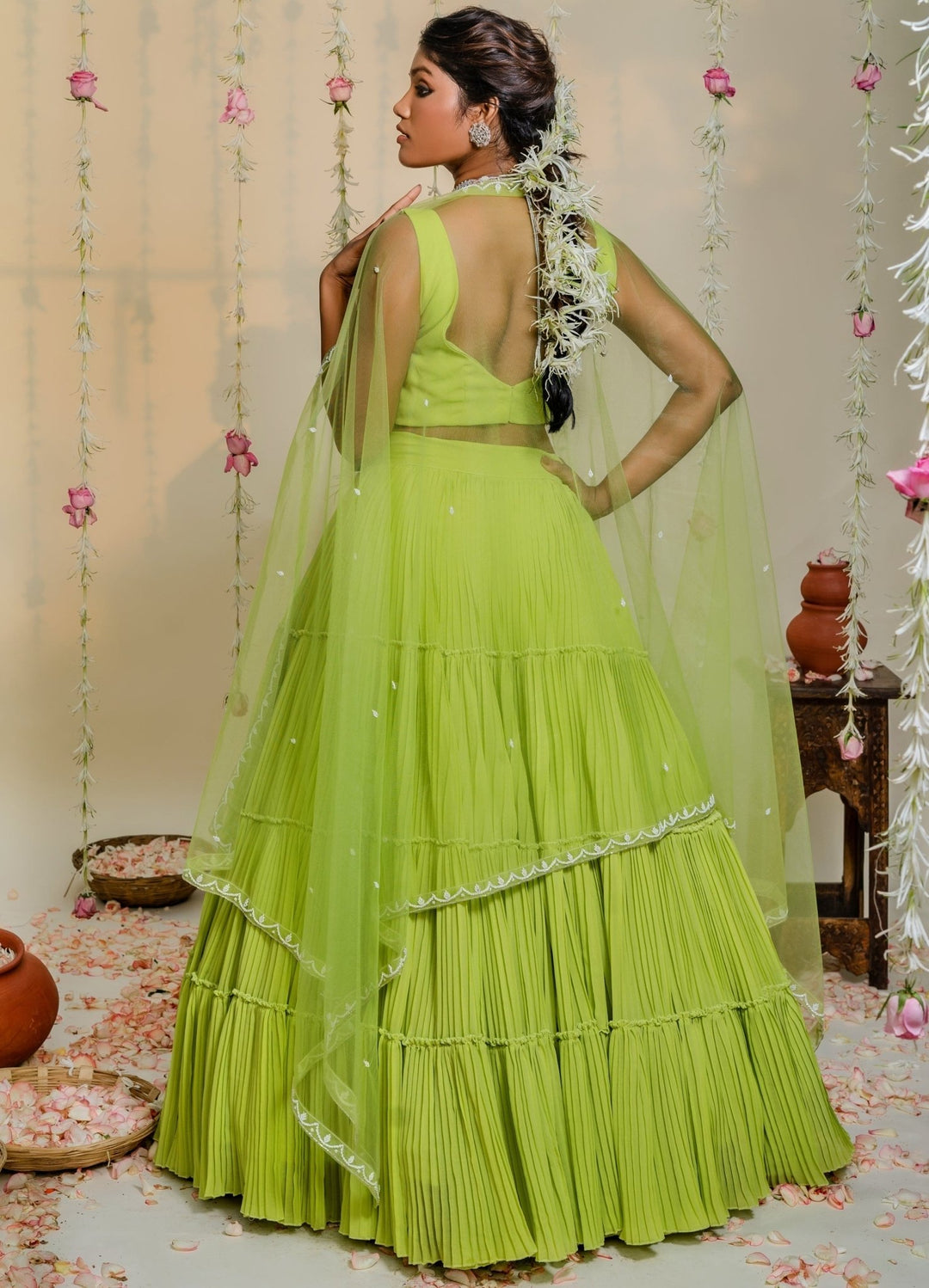 Green Pleated Ruffled Lehenga Set With Embellished Blouse And Net Dupatta Redpine - Fabilicious Fashion