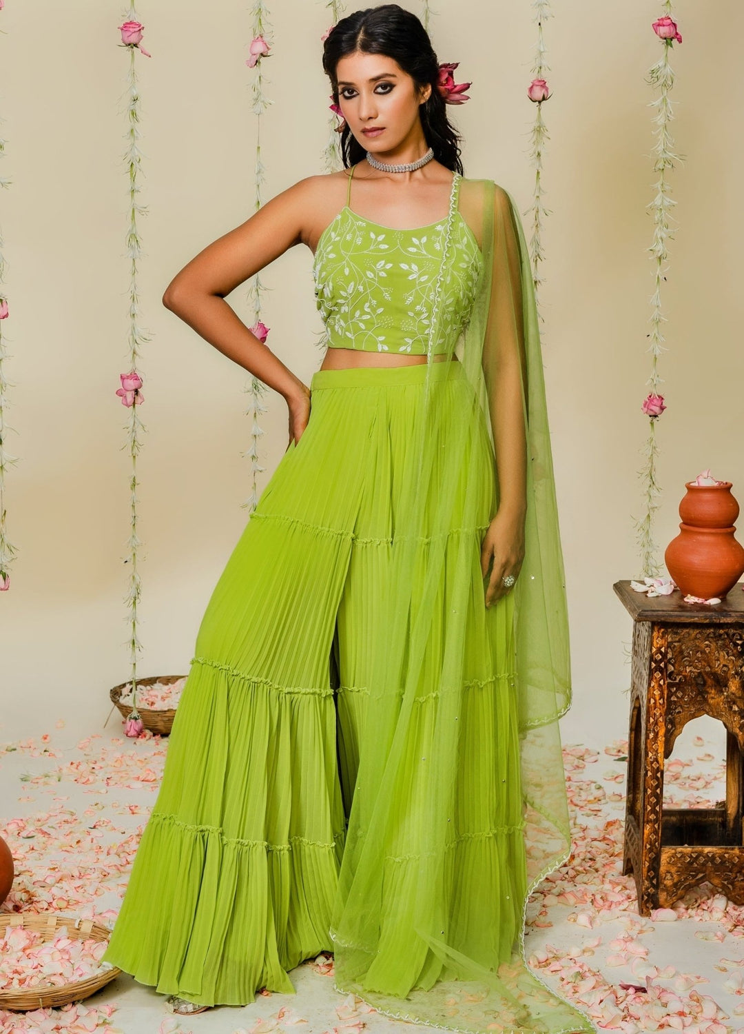 Green Pleated Sharara Set With Embellished Blouse And Net Dupatta Redpine - Fabilicious Fashion