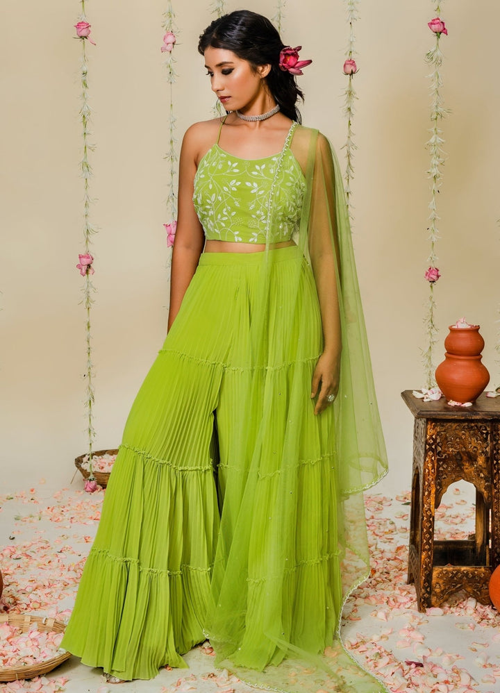 Green Pleated Sharara Set With Embellished Blouse And Net Dupatta Redpine - Fabilicious Fashion