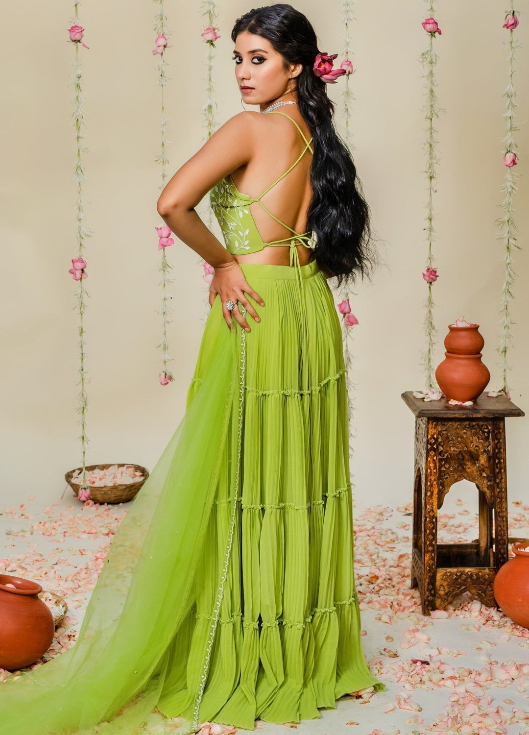Green Pleated Sharara Set With Embellished Blouse And Net Dupatta Redpine - Fabilicious Fashion