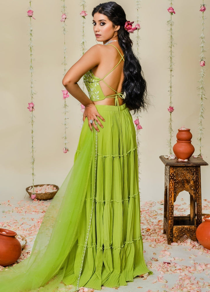 Green Pleated Sharara Set With Embellished Blouse And Net Dupatta Redpine - Fabilicious Fashion