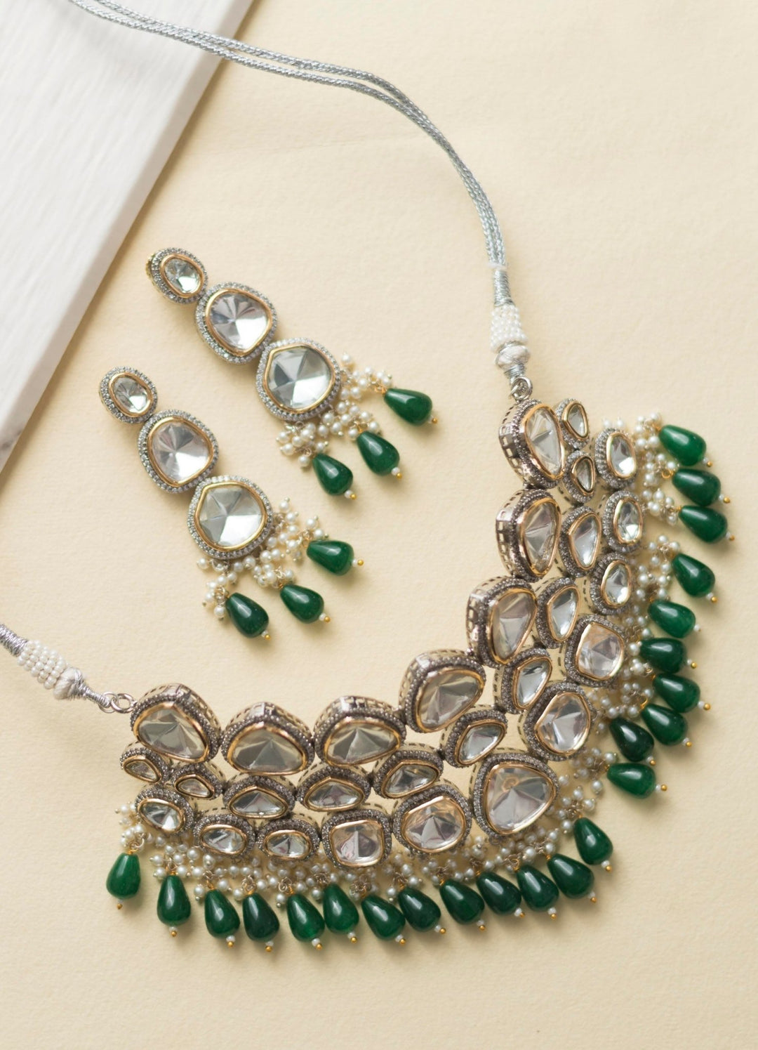 Green Polki Necklace Set With Polki Drops Zevar By Geeta - Fabilicious Fashion