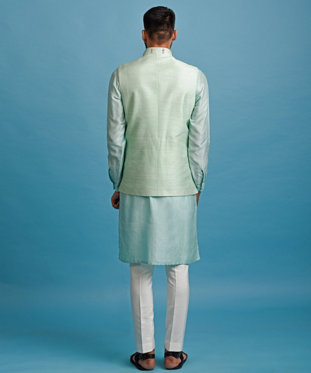 Green Raw Silk Nehru With Dabka And French Knot Embroidery With Kurta Set Chatenya Mittal - Fabilicious Fashion