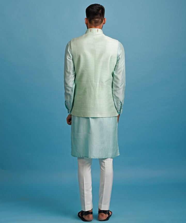 Green Raw Silk Nehru With Dabka And French Knot Embroidery With Kurta Set Chatenya Mittal - Fabilicious Fashion