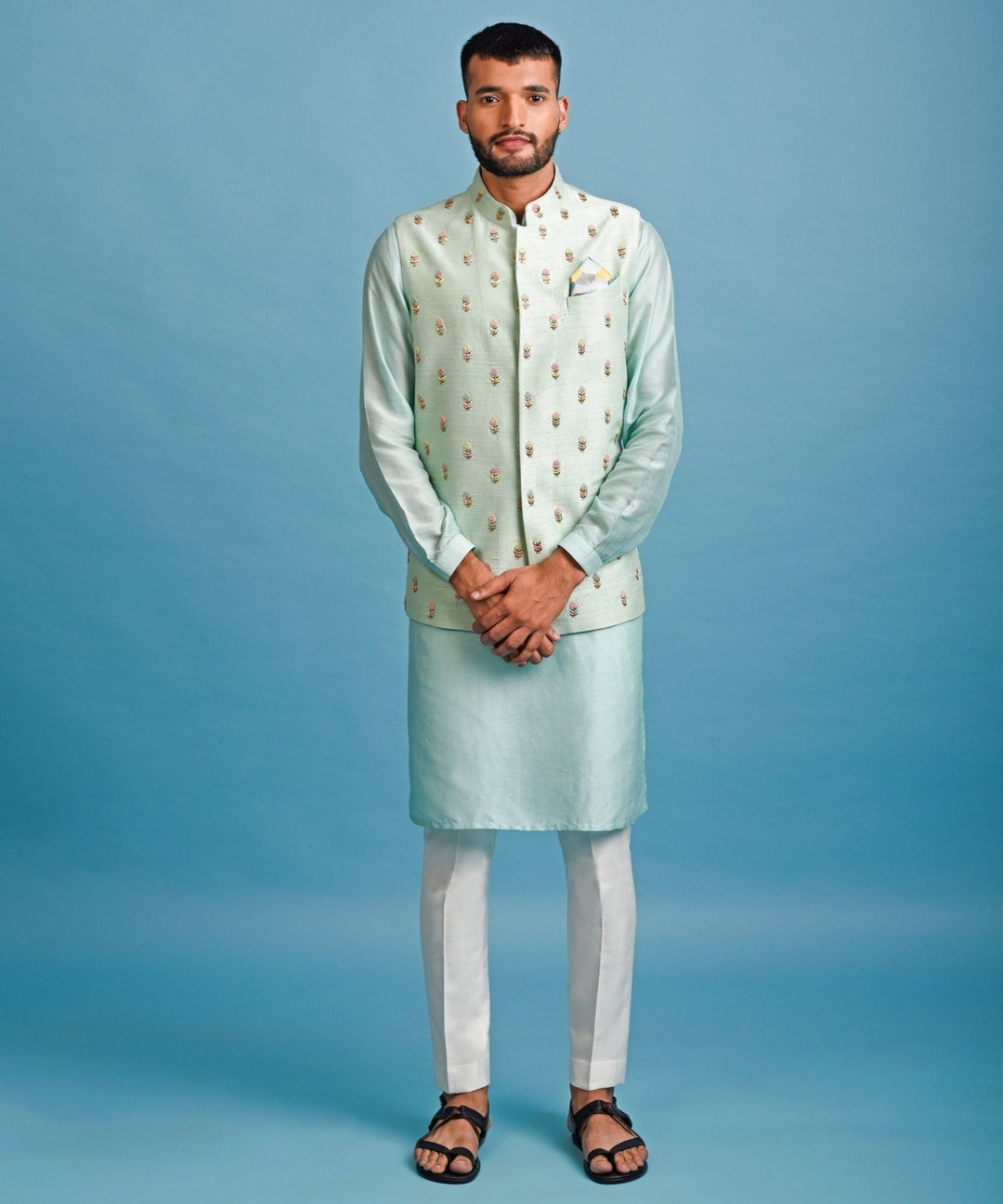 Green Raw Silk Nehru With Dabka And French Knot Embroidery With Kurta Set Chatenya Mittal - Fabilicious Fashion