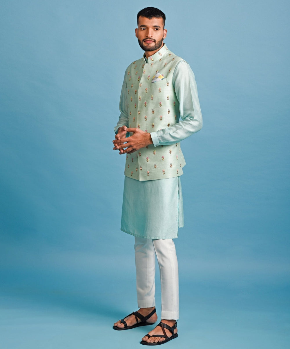 Green Raw Silk Nehru With Dabka And French Knot Embroidery With Kurta Set Chatenya Mittal - Fabilicious Fashion